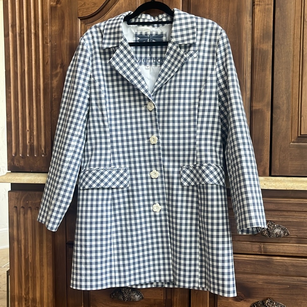 Women’s Tyler Boe size 10. Long blazer/jacket.  Blue and white gingham.
